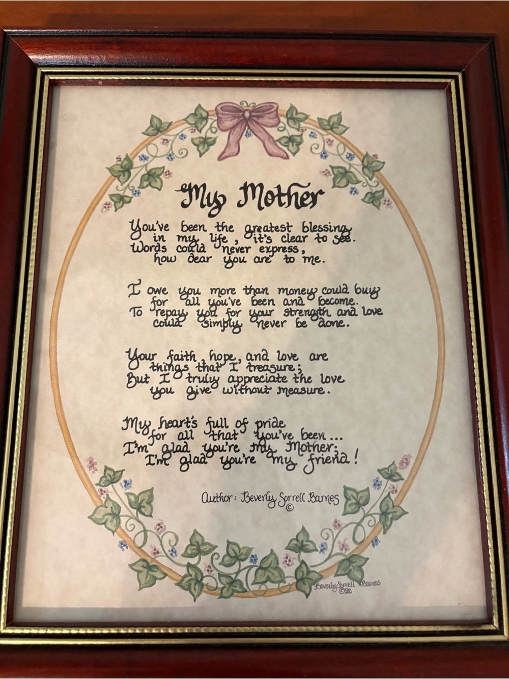 1992 My Mother Framed Calligraphy Print Floral Cottage Decor